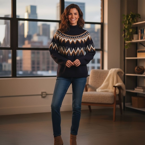 Thread & Supply Navy and White Patterned Turtleneck Sweater - Picture 1 of 4